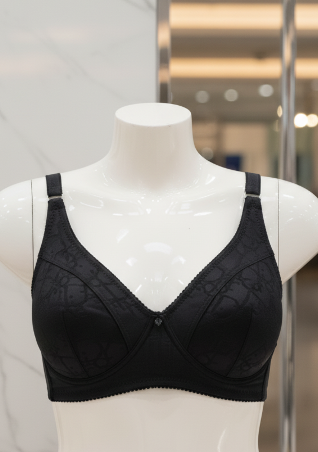 Premium Black Self-Printed Cotton Jersey Bra